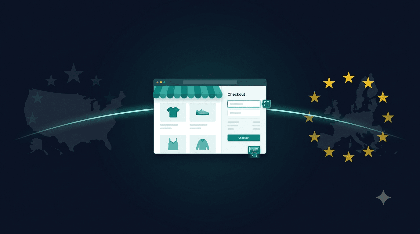 A digital storefront spanning a US and EU customer base, illustrating that the European Accessibility Act reaches American businesses selling to EU consumers
