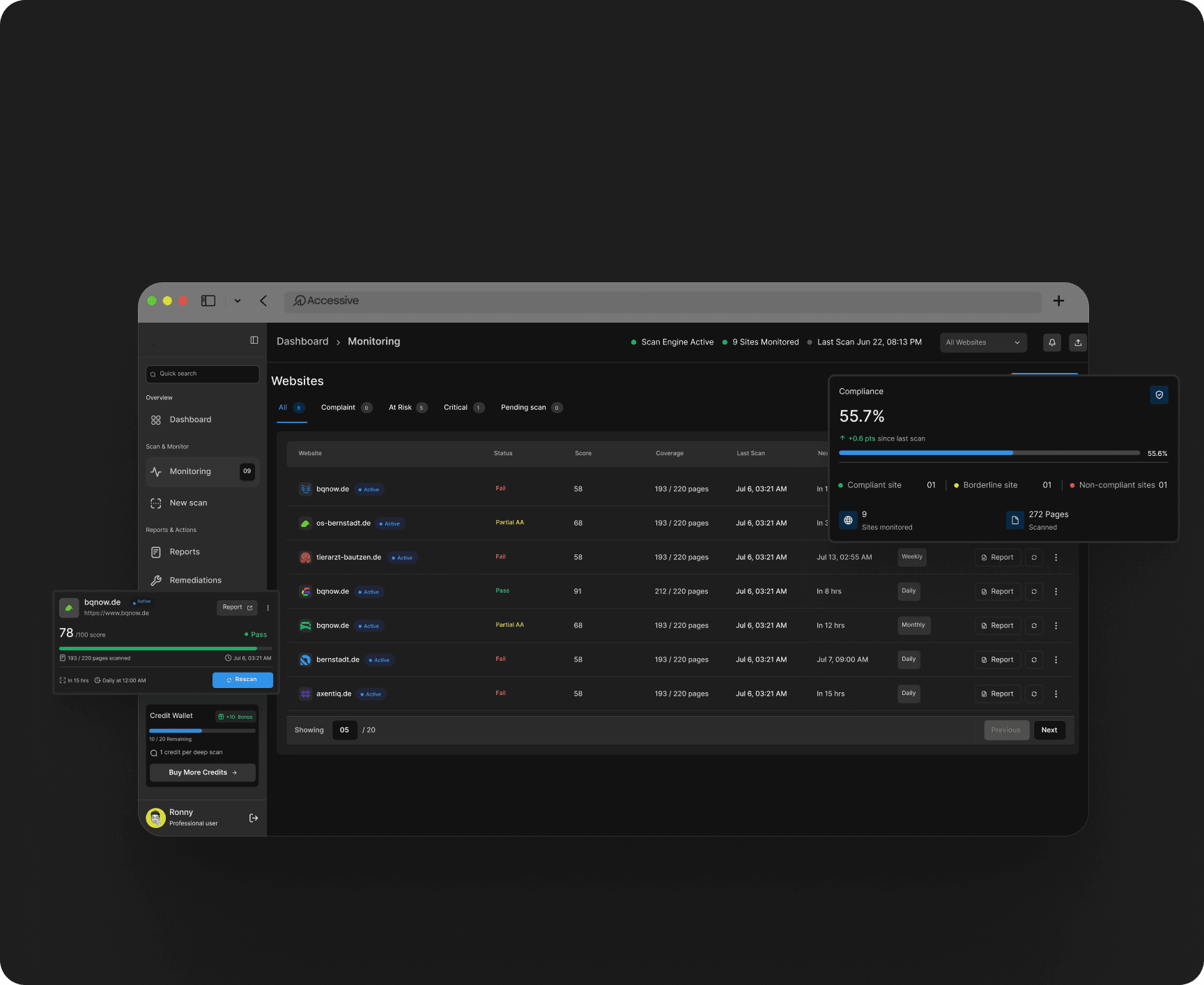 Illustration of the Accessive monitoring dashboard listing tracked websites with their compliance status