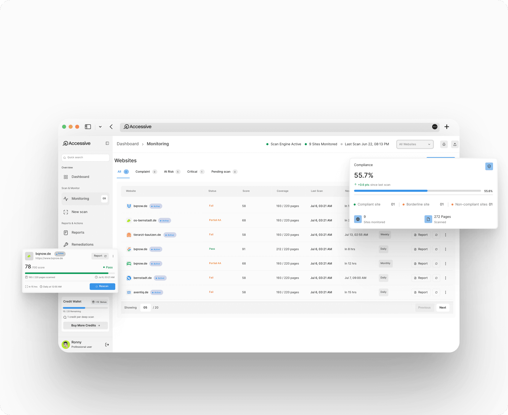 Illustration of the Accessive monitoring dashboard listing tracked websites with their compliance status